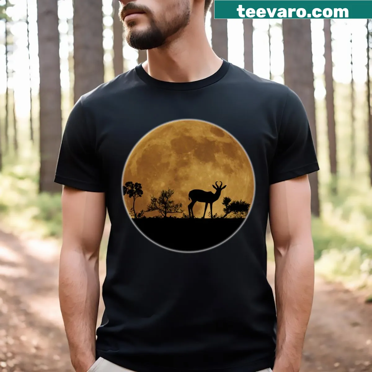 Illustration of springbok deer against a yellow moon — on a men's t-shirt