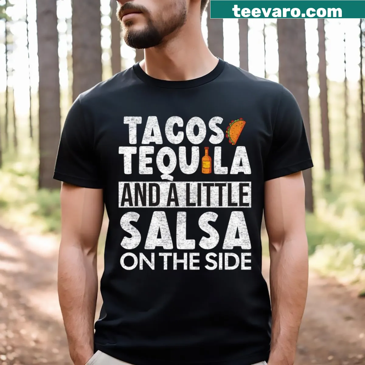 Funny typography design featuring tacos, tequila, and salsa on a T-shirt — on a men's t-shirt