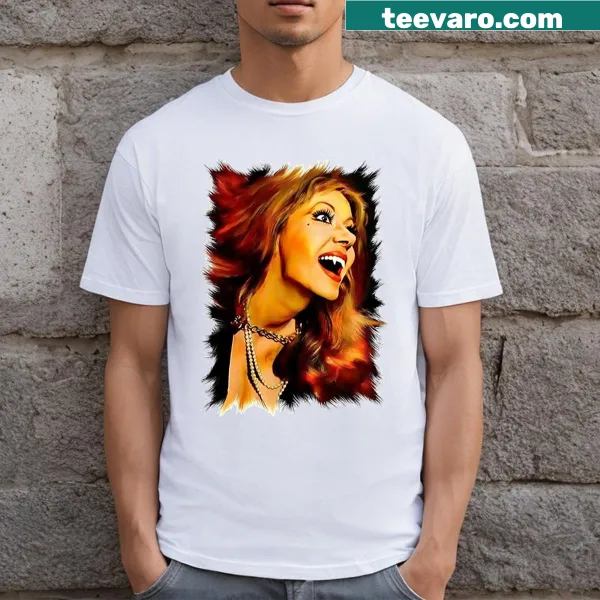 Illustration of Ingrid Pitt as a horror icon on a T-shirt