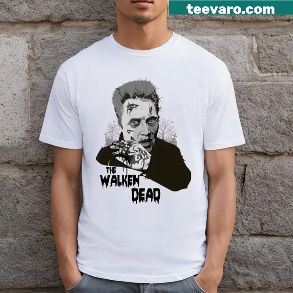 Playful cartoon of Christopher Walken as a zombie on a T-shirt