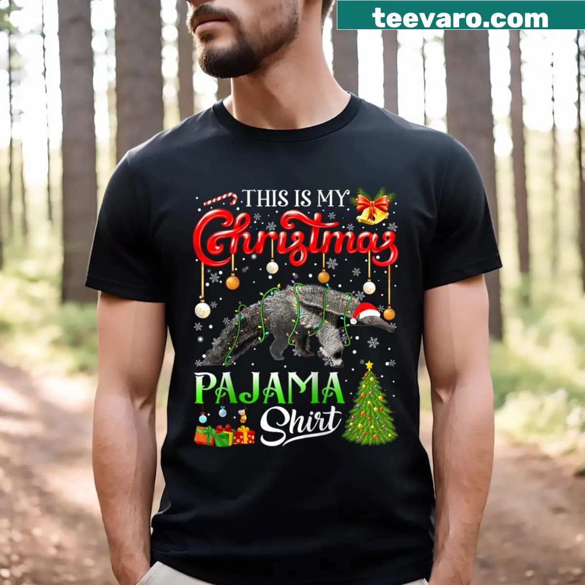 Raglan tee featuring a cute anteater in a holiday theme. — on a men's t-shirt
