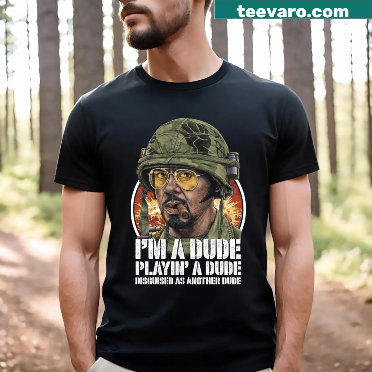 Tropic Thunder graphic T-shirt featuring Kirk Lazarus character. — on a men's t-shirt