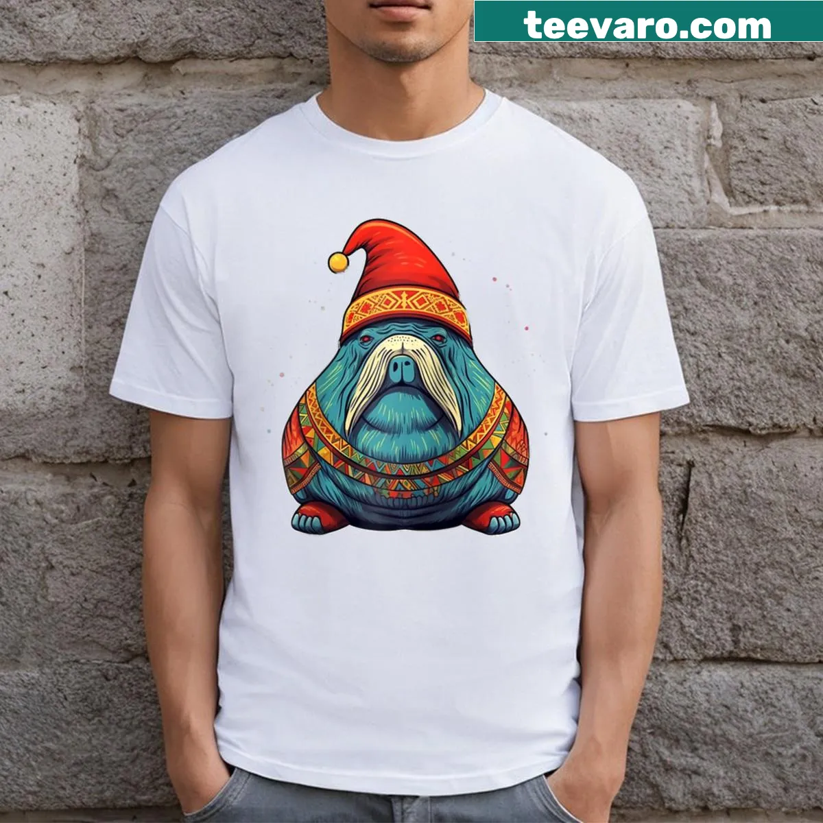 Funny walrus in a Santa hat design for the holidays — on a men's t-shirt