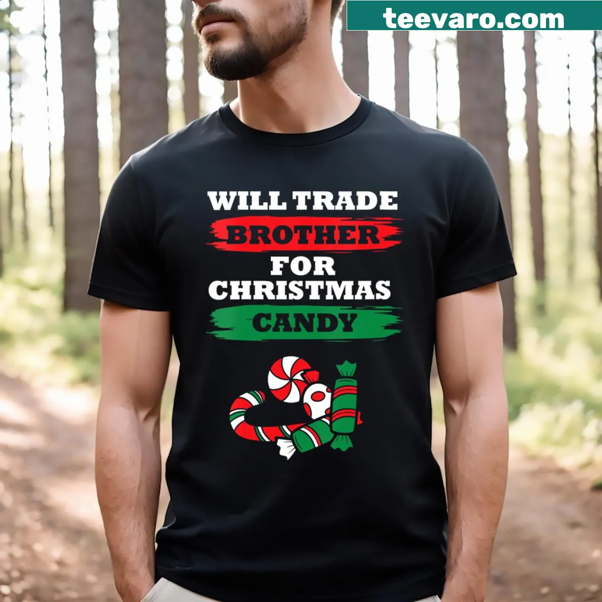 V-neck tee with funny Christmas candy trading quote — on a men's t-shirt