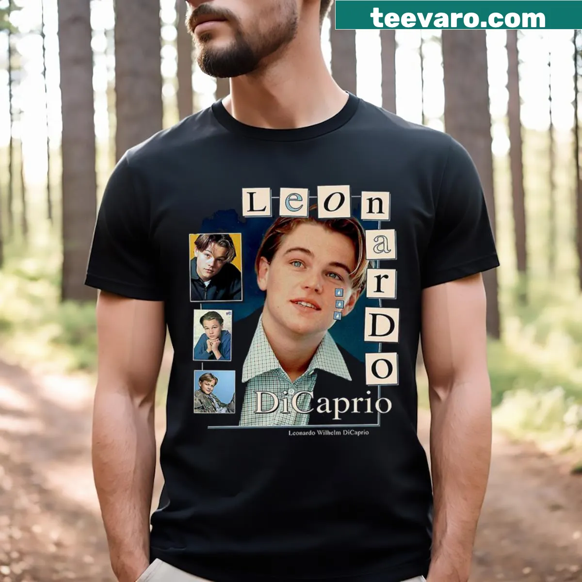 Playful T-shirt featuring repeated text of Young Leonardo DiCaprio's name — on a men's t-shirt