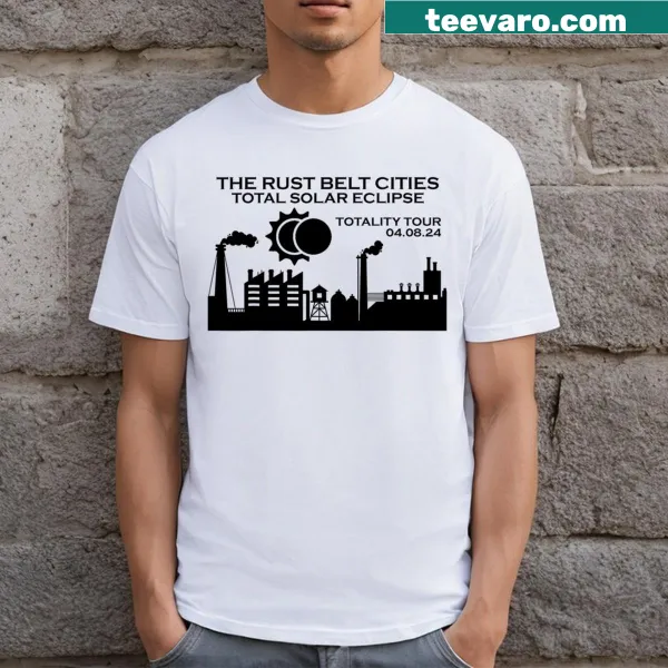 Two-sided T-shirt celebrating the 2024 Total Solar Eclipse in the Rust Belt