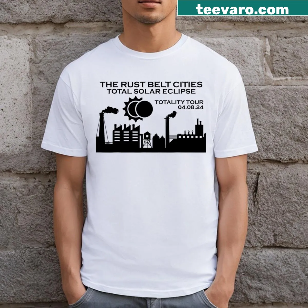 Two-sided T-shirt celebrating the 2024 Total Solar Eclipse in the Rust Belt — on a men's t-shirt