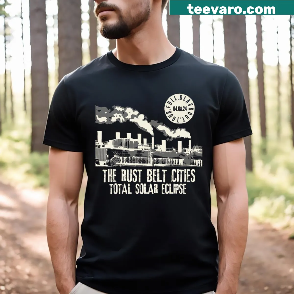 Double-sided Rust Belt Cities Solar Eclipse t-shirt — on a men's t-shirt