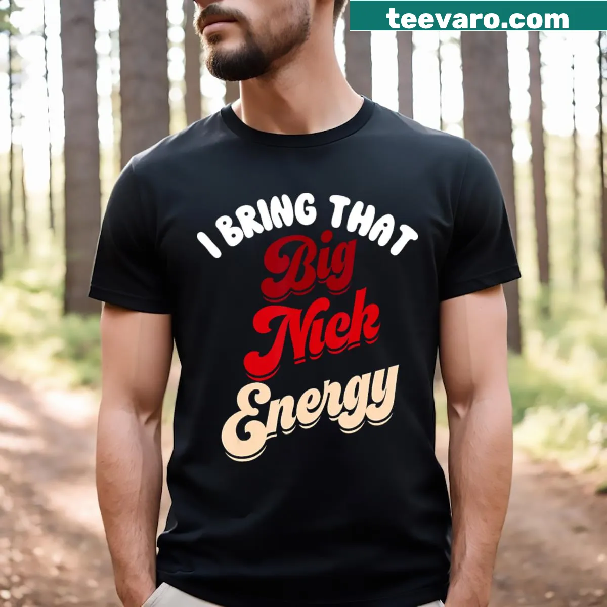 Playful typography Santa Christmas T-shirt with 'Big Nick Energy' — on a men's t-shirt