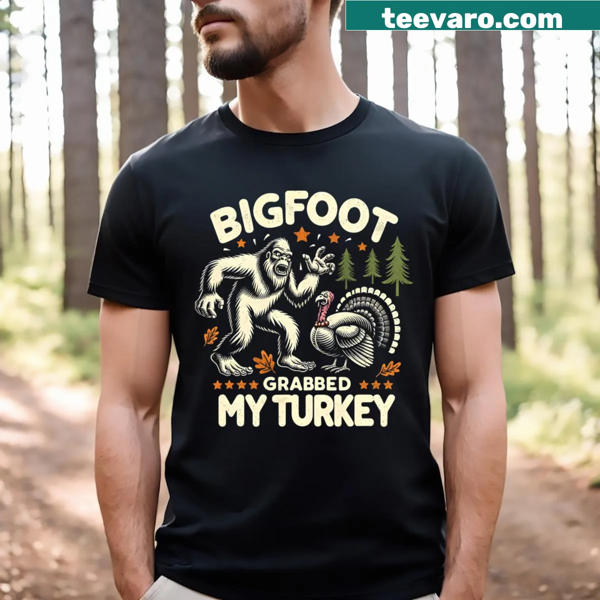 Funny Thanksgiving t-shirt with 'Bigfoot Grabbed My Turkey' phrase — on a men's t-shirt