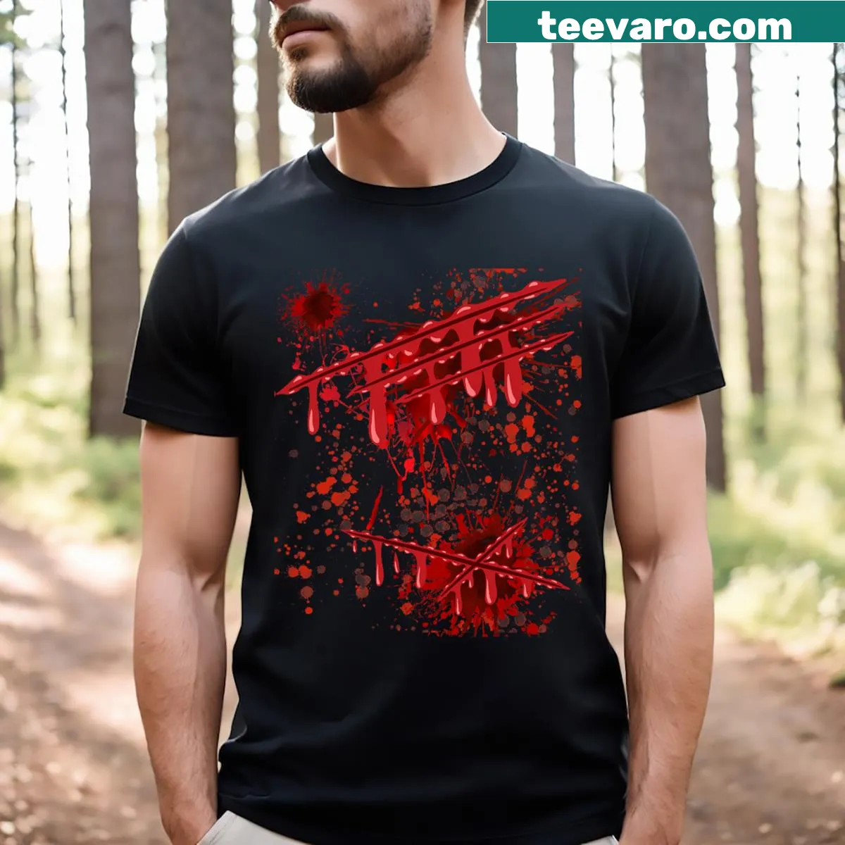 Edgy Halloween t-shirt with bloody graphic for couples — on a men's t-shirt