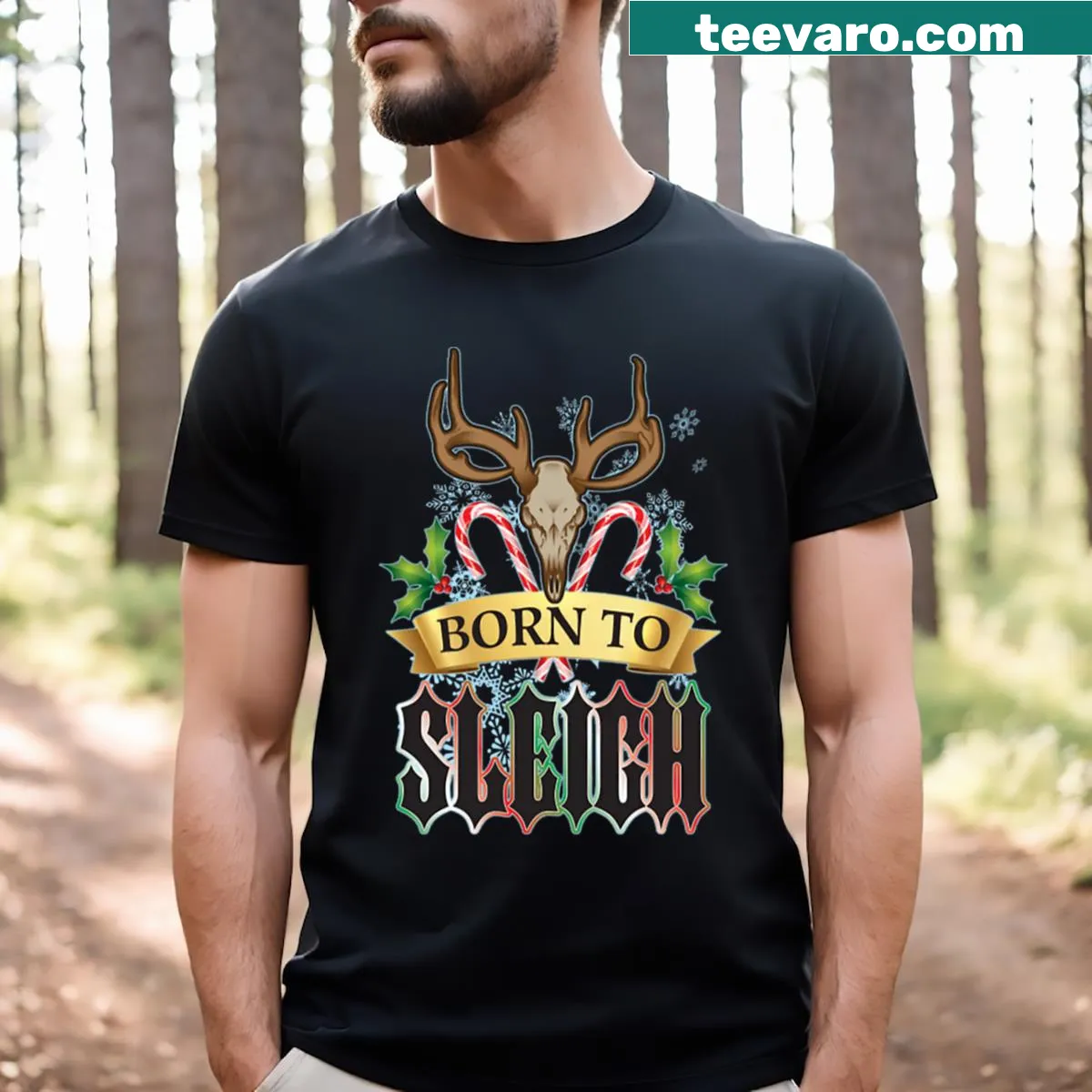 Motivational T-shirt with 'Born To Sleigh' illustration — on a men's t-shirt