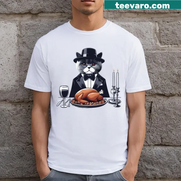 Thanksgiving T-shirt featuring a British Shorthair cat illustration.