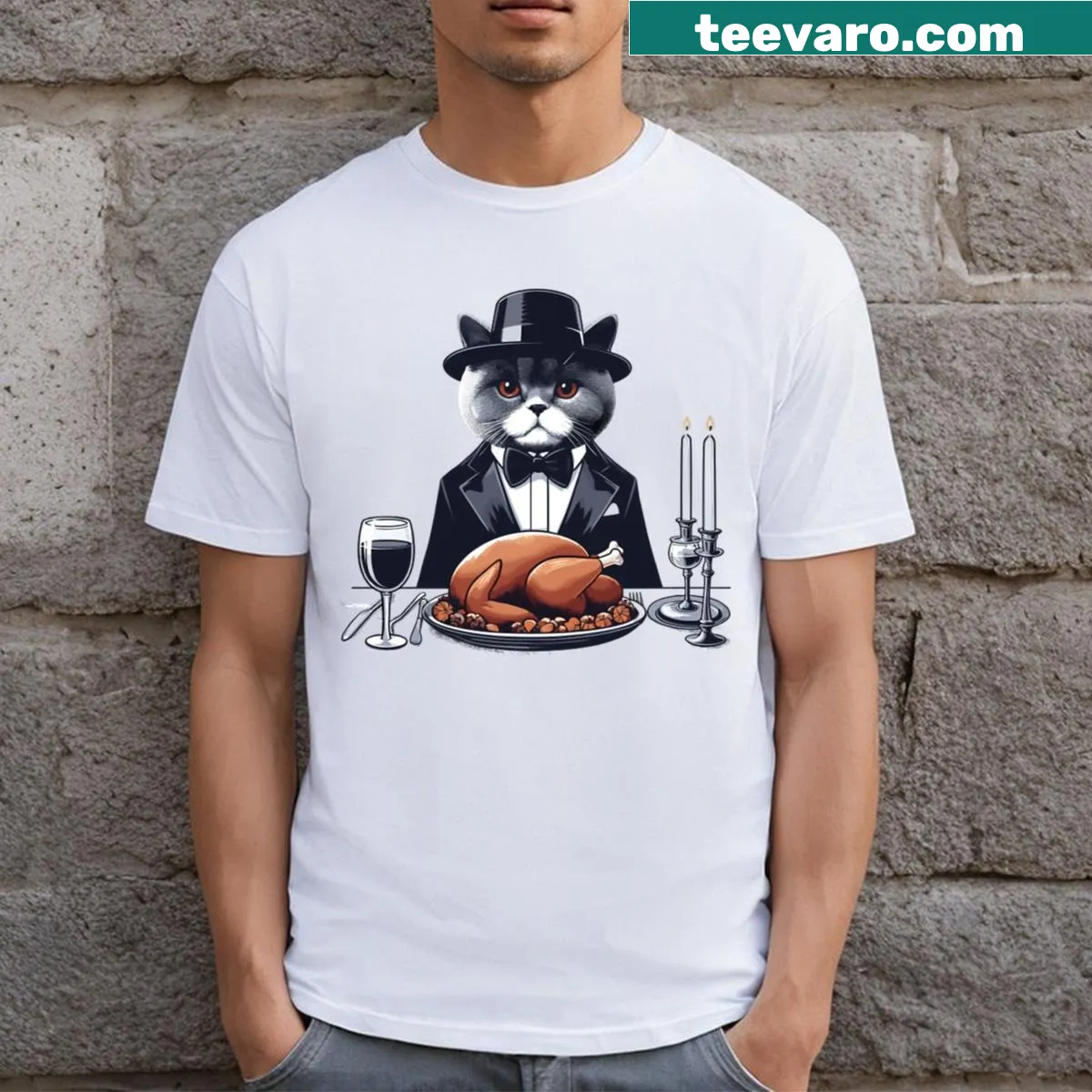 Thanksgiving T-shirt featuring a British Shorthair cat illustration. — on a men's t-shirt