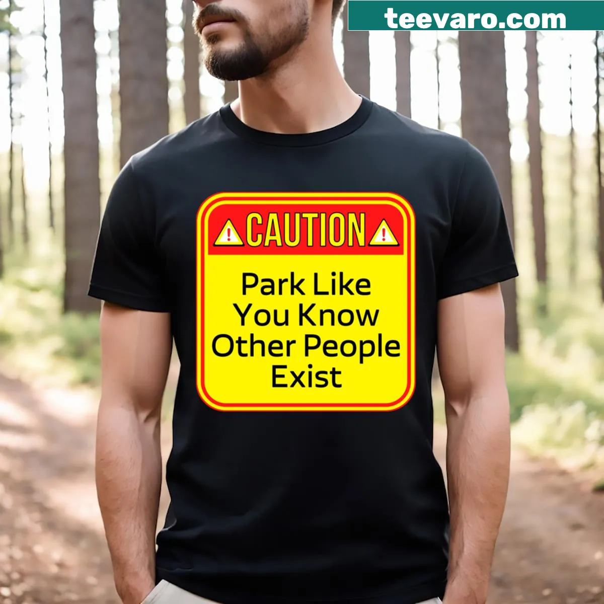 Funny t-shirt with a parking etiquette warning graphic — on a men's t-shirt
