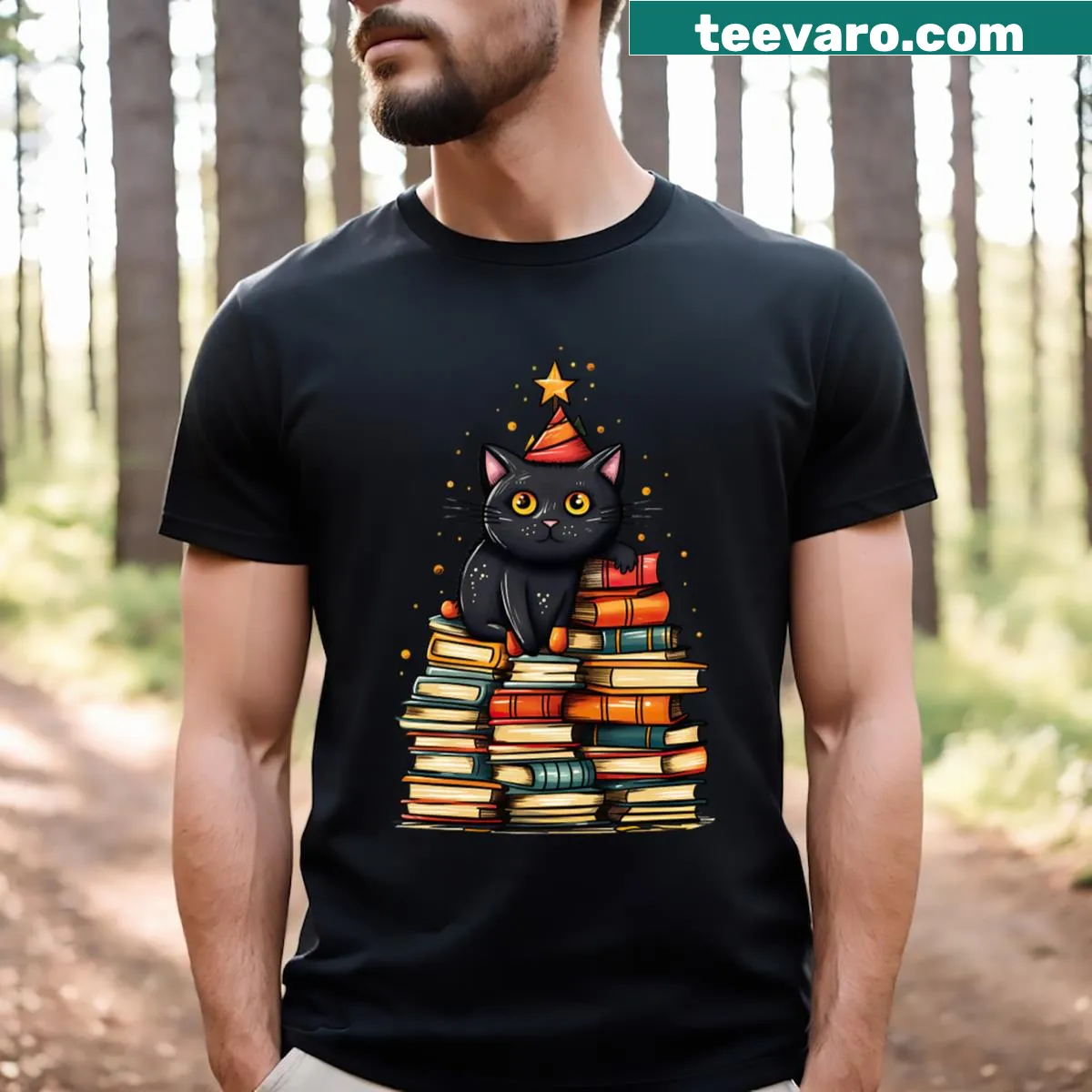 Graphic of a cat and holiday books on a Christmas t-shirt — on a men's t-shirt