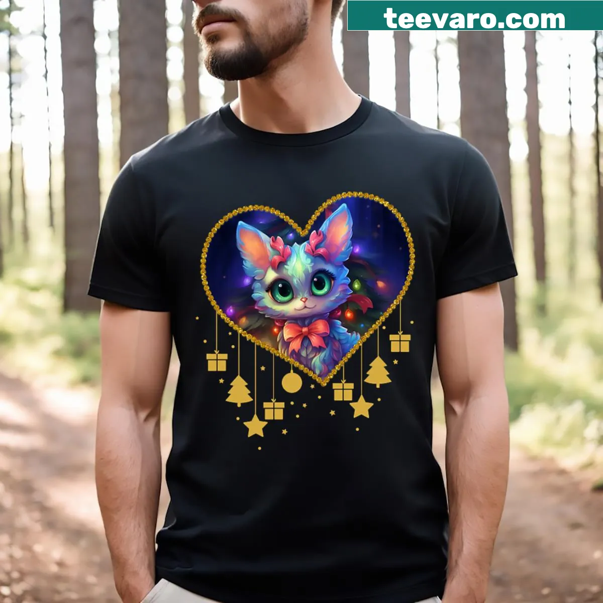 Cute illustration of a cat celebrating Christmas — on a men's t-shirt