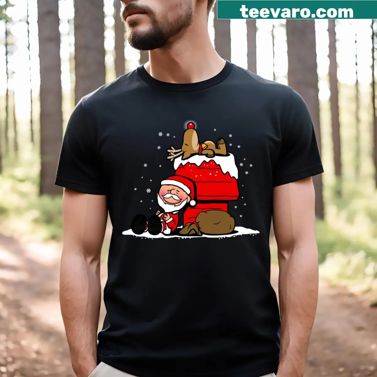 Illustration of Santa Claus and Rudolph with a winter theme — on a men's t-shirt