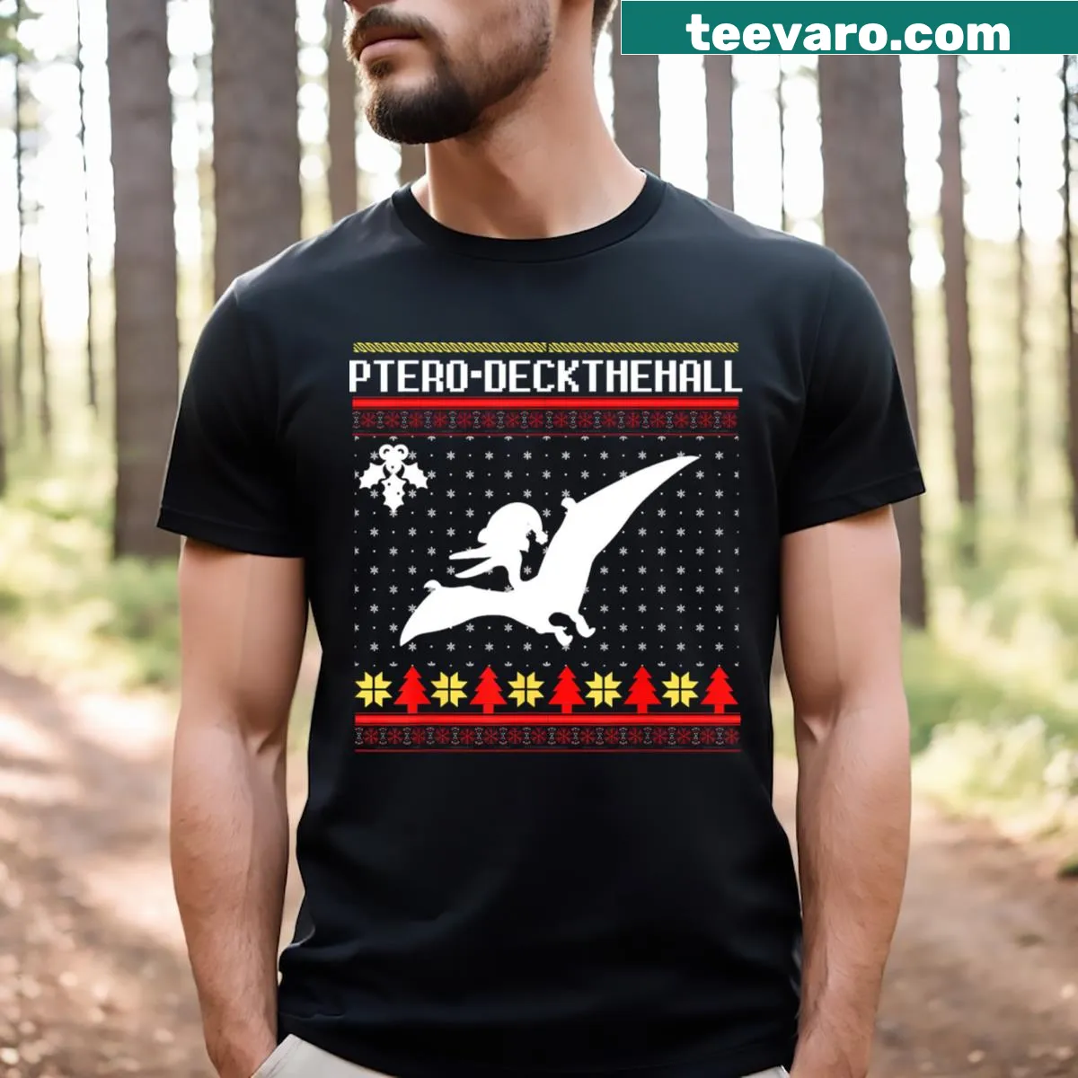 Funny Christmas T-shirt featuring a pterodactyl in holiday attire — on a men's t-shirt