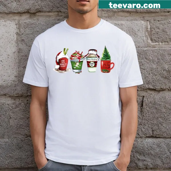 Illustration of holiday coffee cups and festive treats on a T-shirt