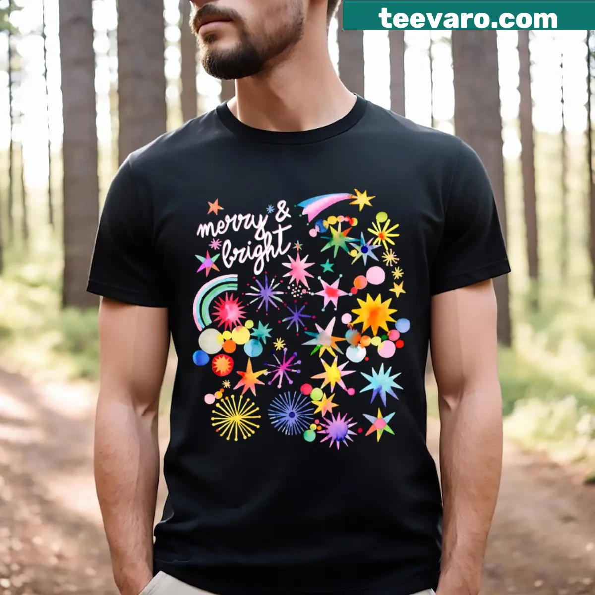 Bright typography T-shirt with 'Merry And Brite' for the holidays. — on a men's t-shirt