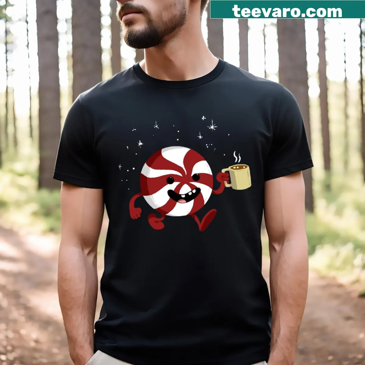 Festive Christmas T-shirt featuring a peppermint design — on a men's t-shirt