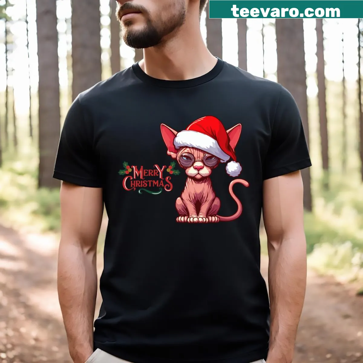 Funny Christmas T-shirt with a Santa cat illustration — on a men's t-shirt