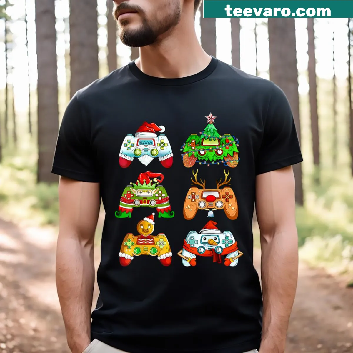 T-shirt with Santa and elves holding gaming controllers — on a men's t-shirt