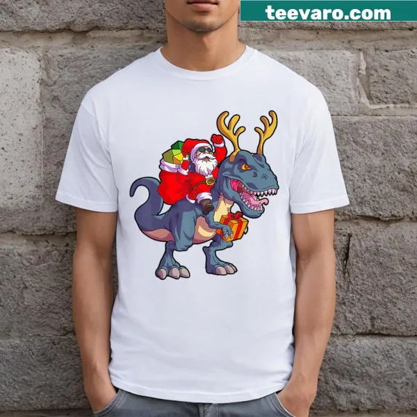 Santa riding a dinosaur reindeer in a playful Christmas design