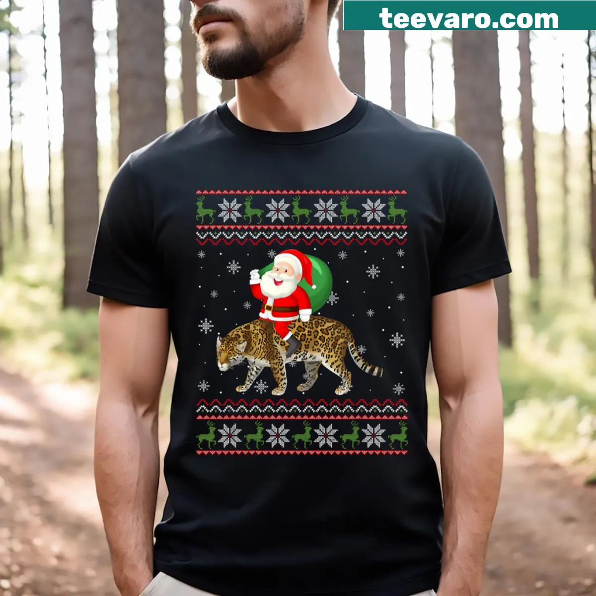 Funny Christmas T-shirt with Santa riding a jaguar — on a men's t-shirt