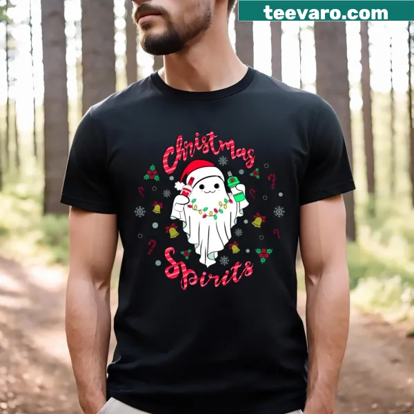 Whimsical ghost illustration on Christmas Spirits T-shirt
