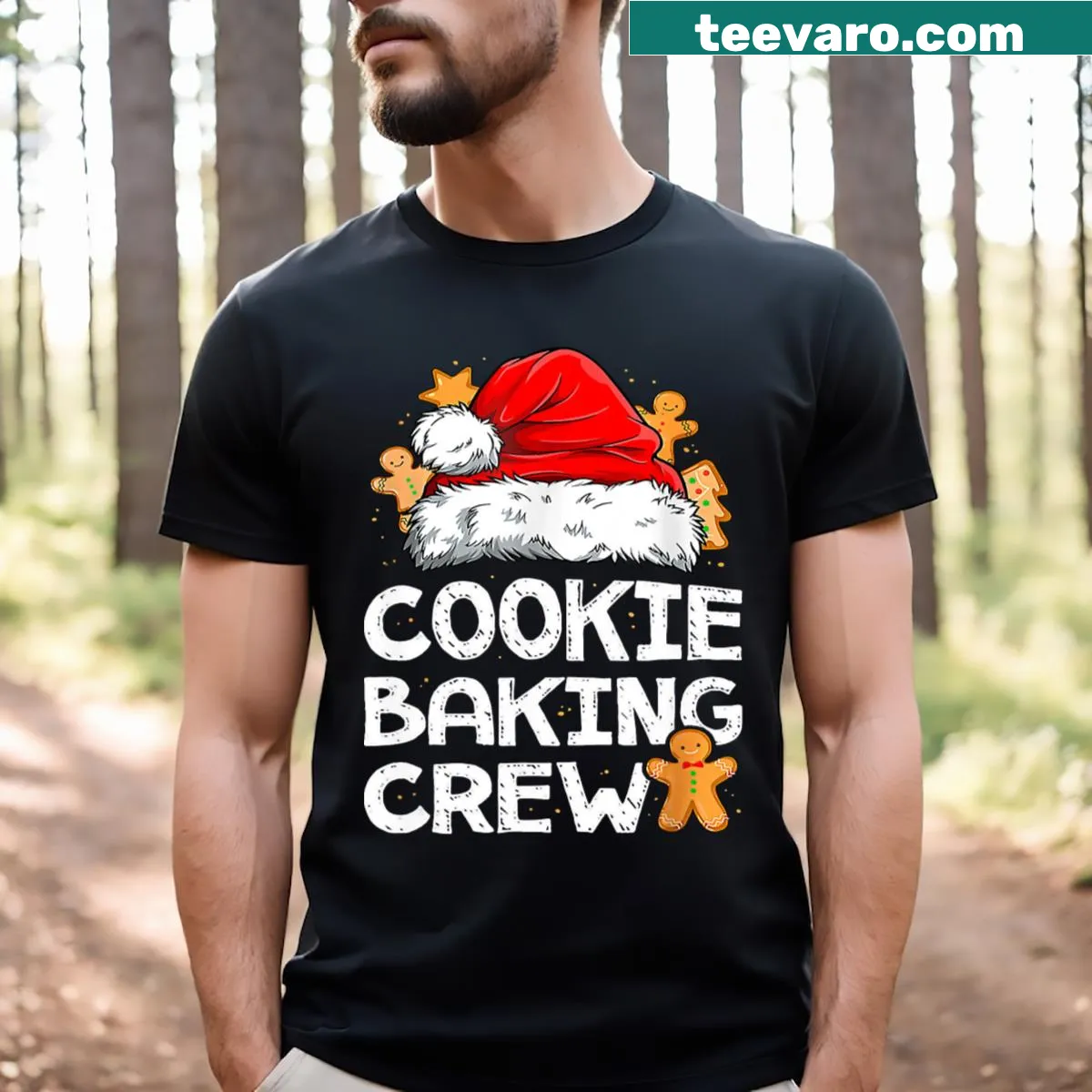 Santa and gingerbread characters on a Christmas baking t-shirt — on a men's t-shirt