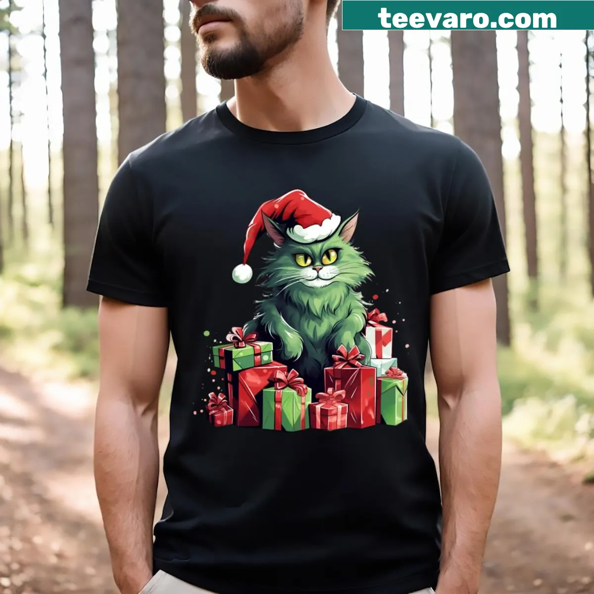 Funny green cat Christmas meme graphic on a T-shirt — on a men's t-shirt