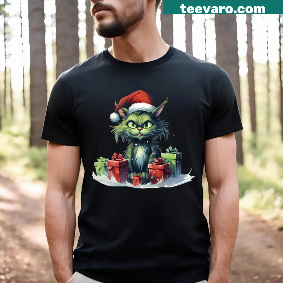 Adorable green cat Christmas graphic on a T-shirt — on a men's t-shirt