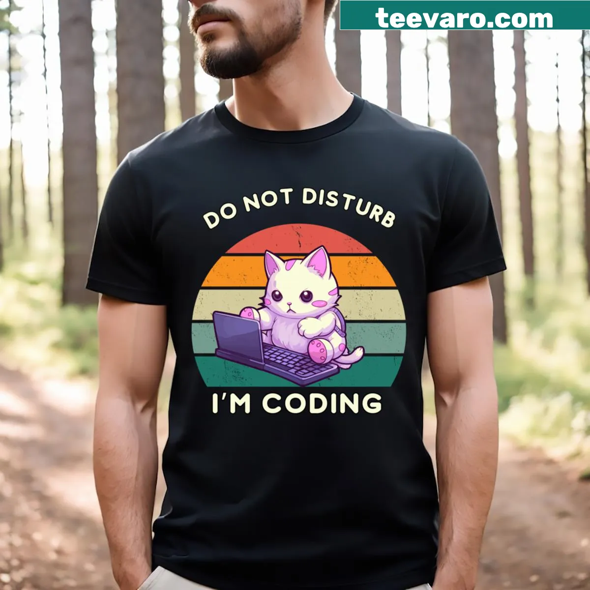 Funny T-shirt with the phrase about coding and a cute cat graphic. — on a men's t-shirt