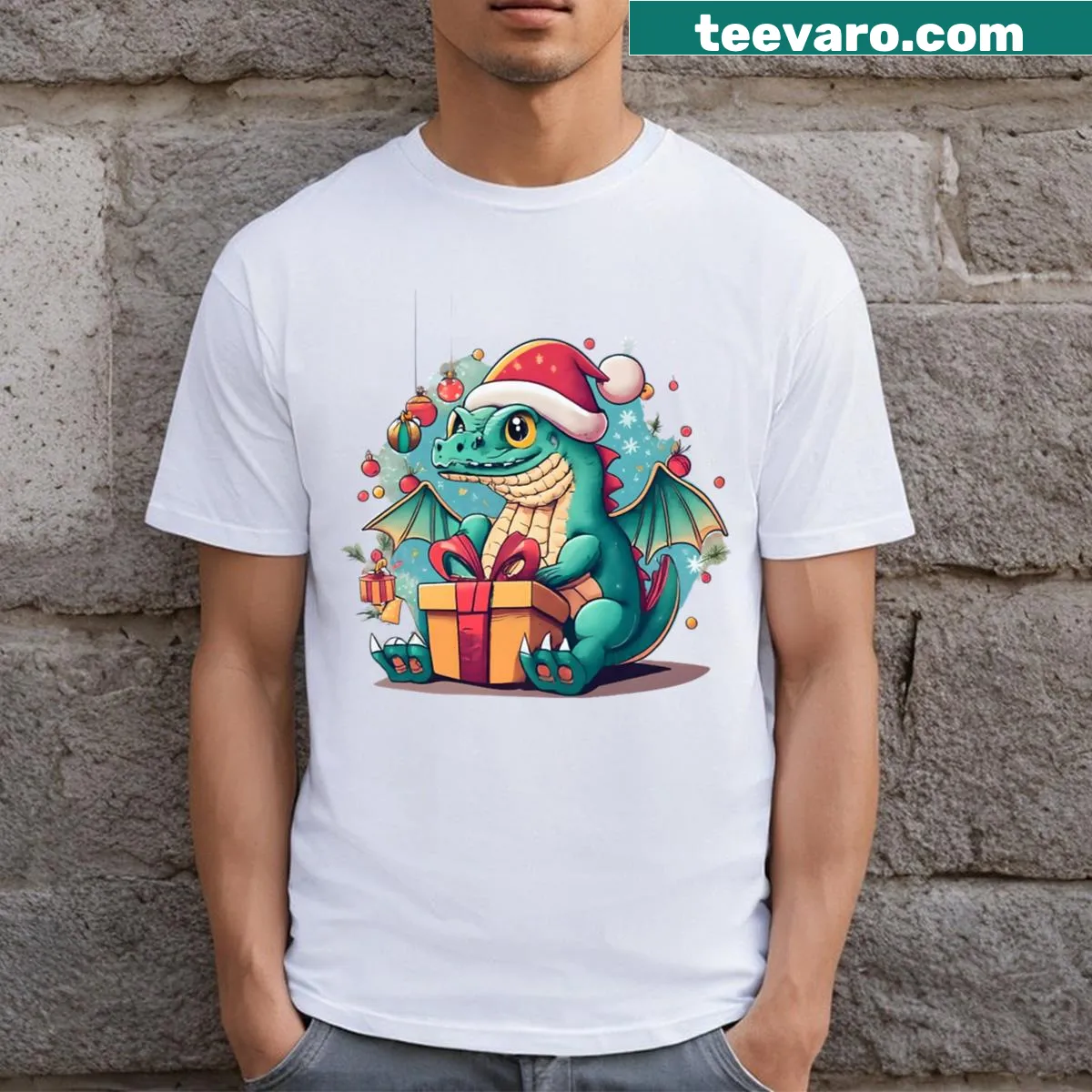 Cute Christmas t-shirt with a dragon illustration — on a men's t-shirt
