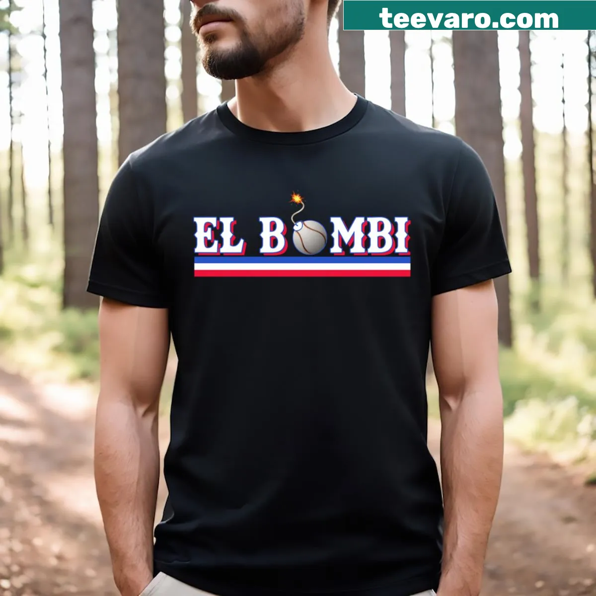 El Bombi Texas Baseball T-shirt in blue with bold design — on a men's t-shirt
