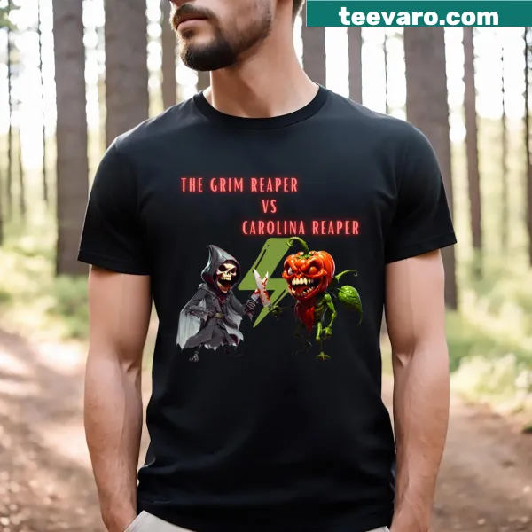 Graphic T-shirt of Grim Reaper battling Carolina Reaper pepper