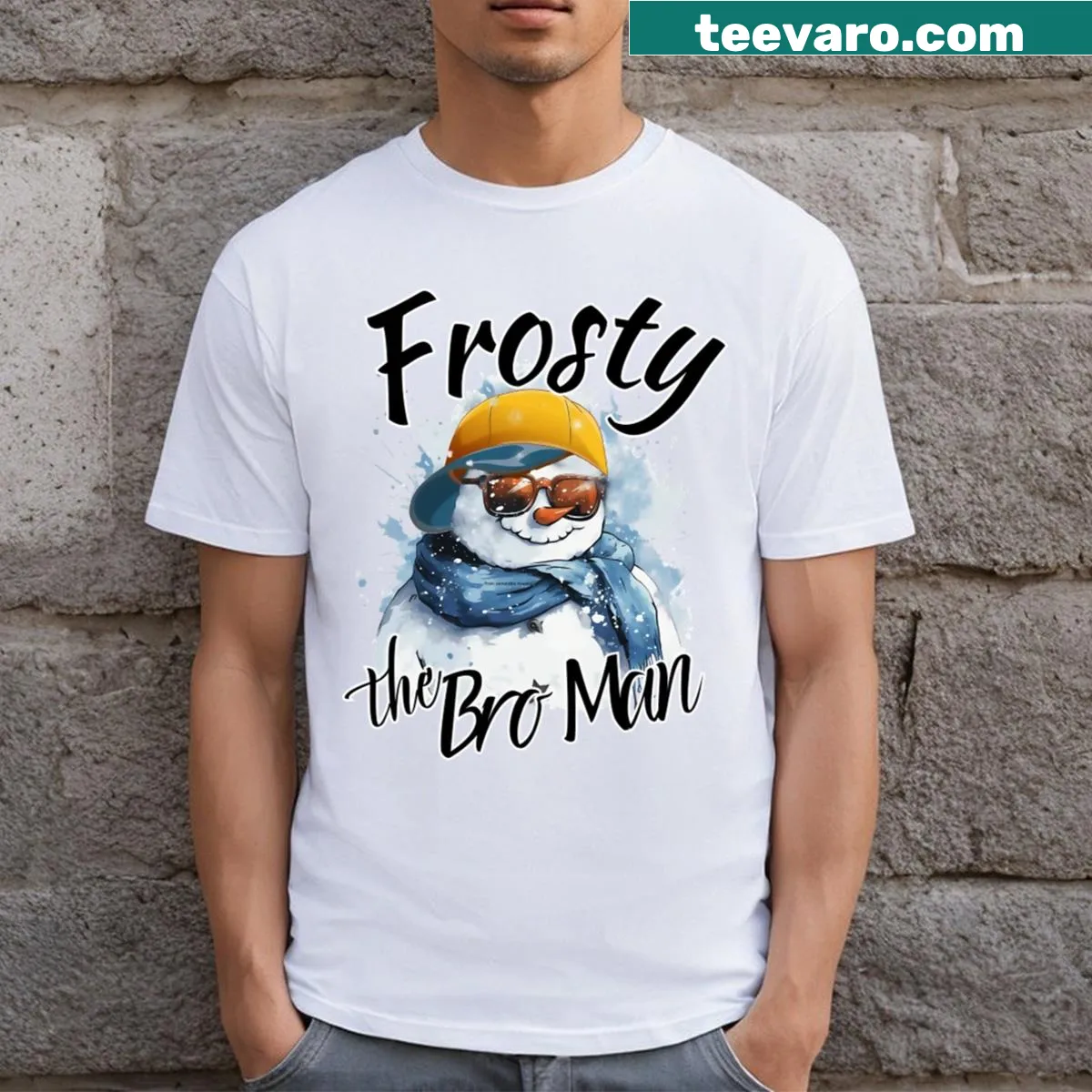 Funny Christmas T-shirt featuring Frosty the Bro Man design. — on a men's t-shirt