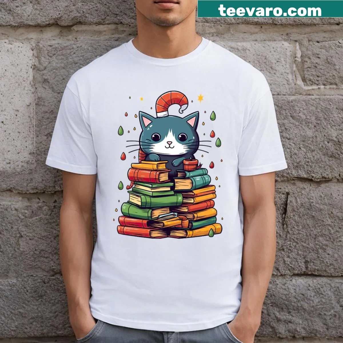 Funny Christmas T-shirt with cat, books, and tree illustration — on a men's t-shirt