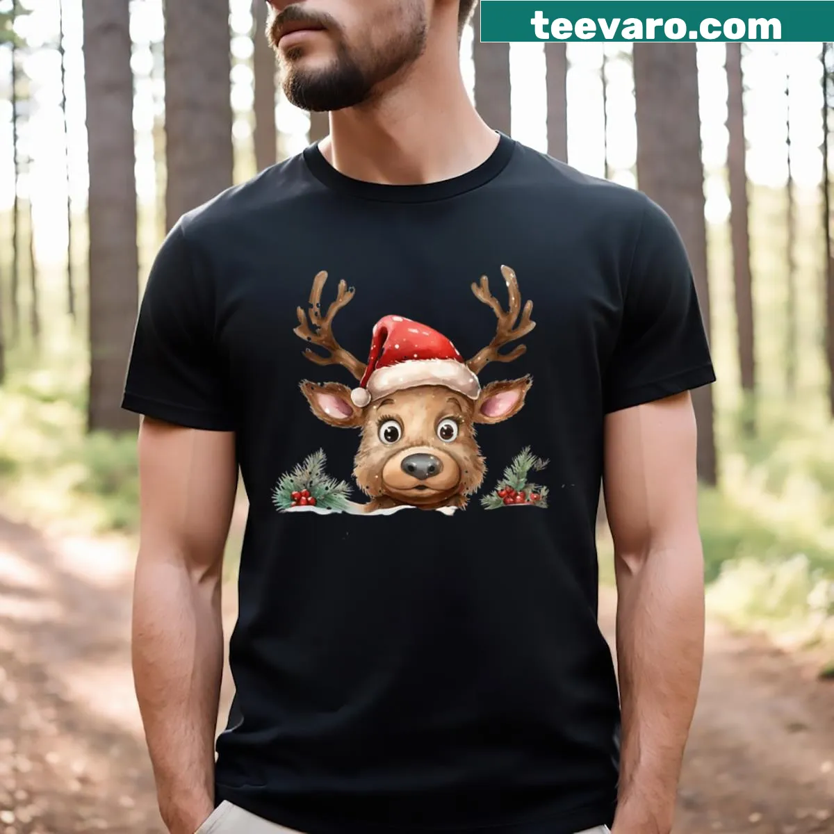 Funny T-shirt featuring a playful Christmas reindeer design. — on a men's t-shirt
