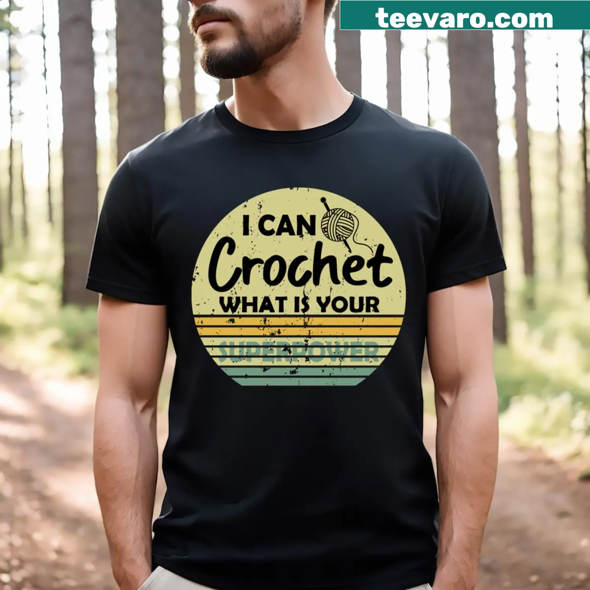 Humorous crochet-themed quote on a t-shirt. — on a men's t-shirt