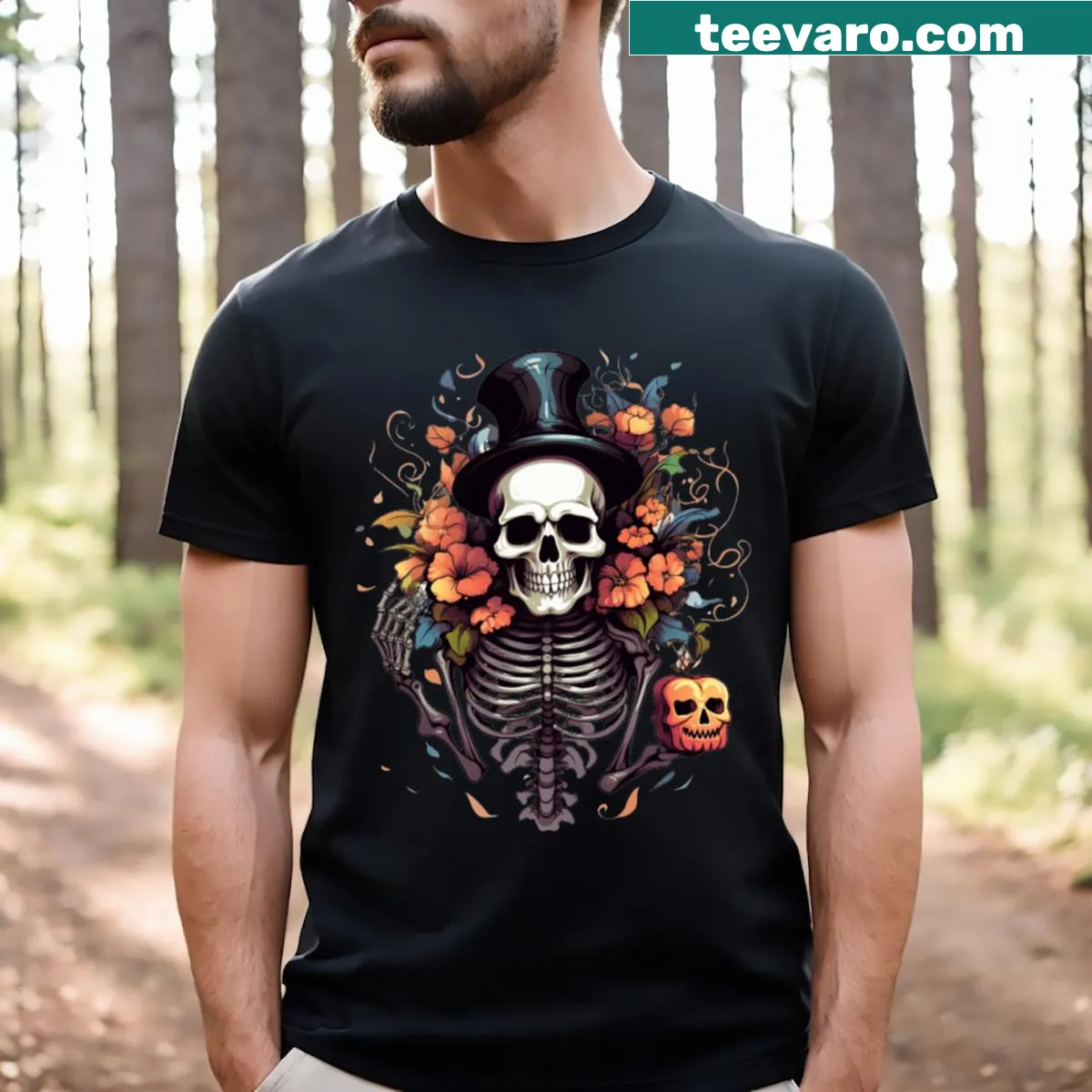 Funny pumpkin skeleton graphic on a Halloween t-shirt. — on a men's t-shirt