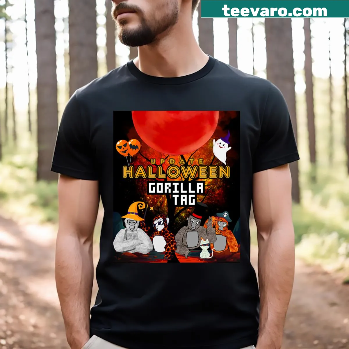 Funny gorilla-themed t-shirt for kids on Halloween — on a men's t-shirt