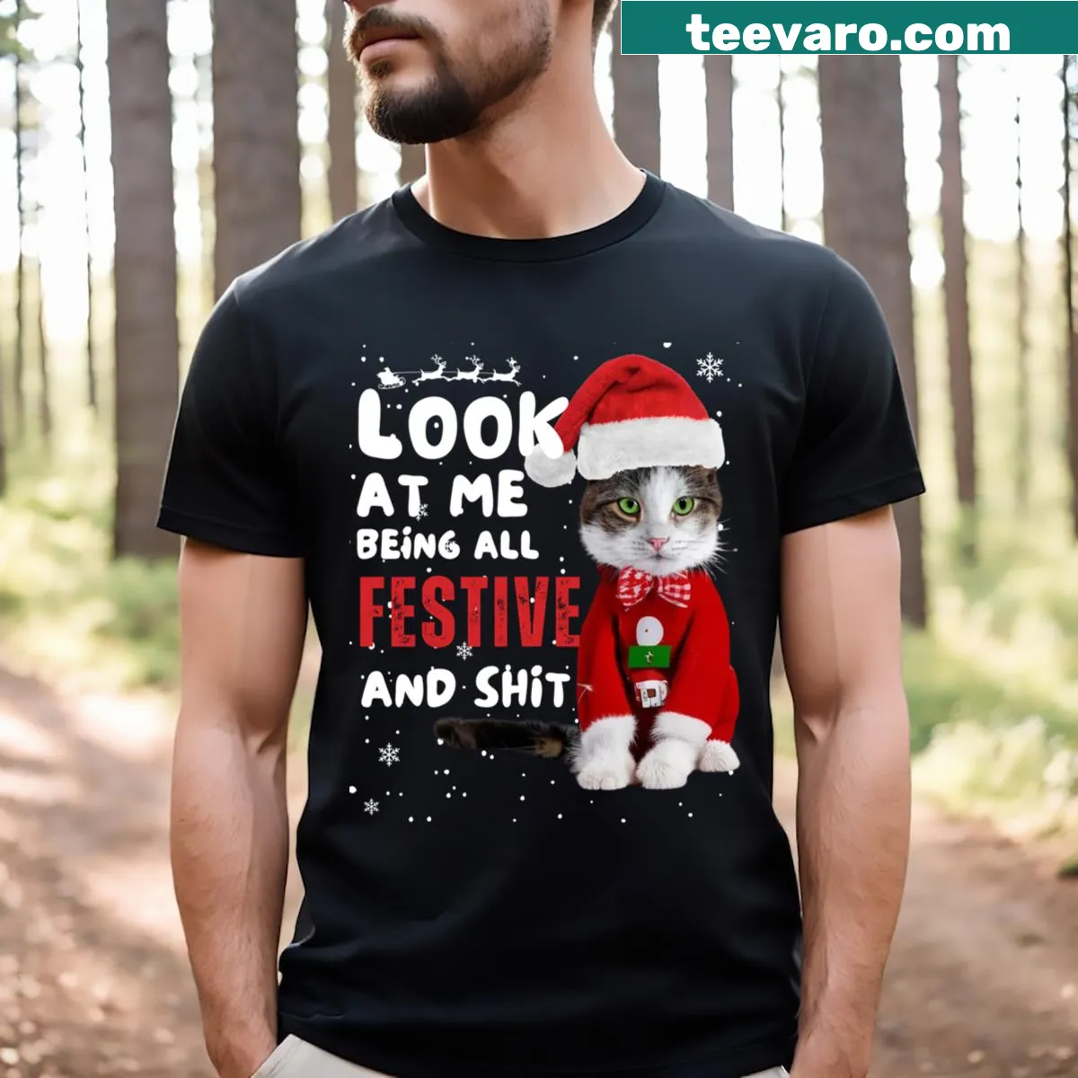 Humorous festive cat shirt with bold text for cat lovers. — on a men's t-shirt