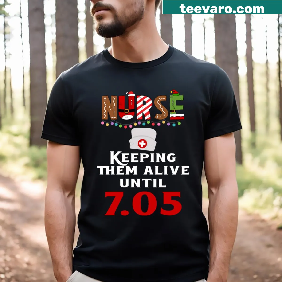 Humorous nurse Christmas pun shirt for the holiday season. — on a men's t-shirt