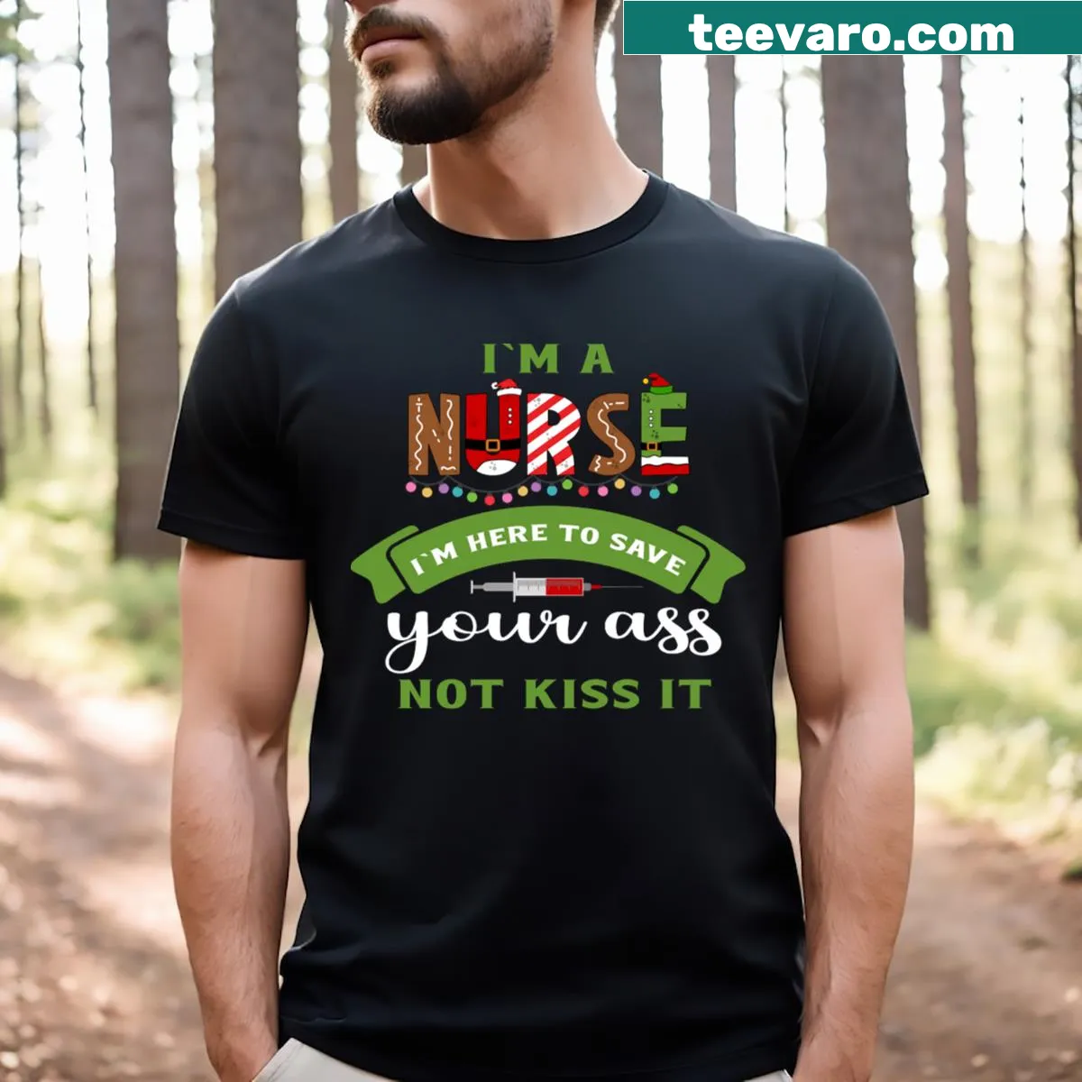 Funny nurse Christmas pun t-shirt with humorous quote — on a men's t-shirt