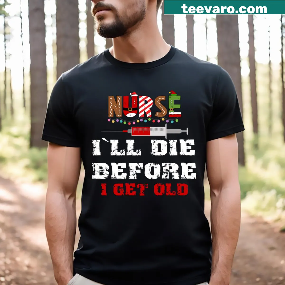 Funny nurse Christmas pun t-shirt with a playful quote — on a men's t-shirt