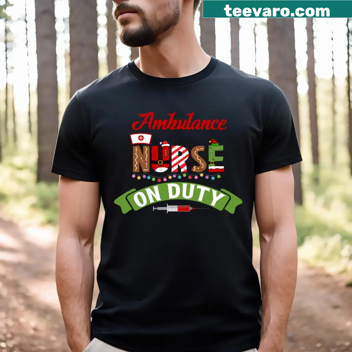 Funny nurse life Christmas pun t-shirt with ambulance graphic — on a men's t-shirt
