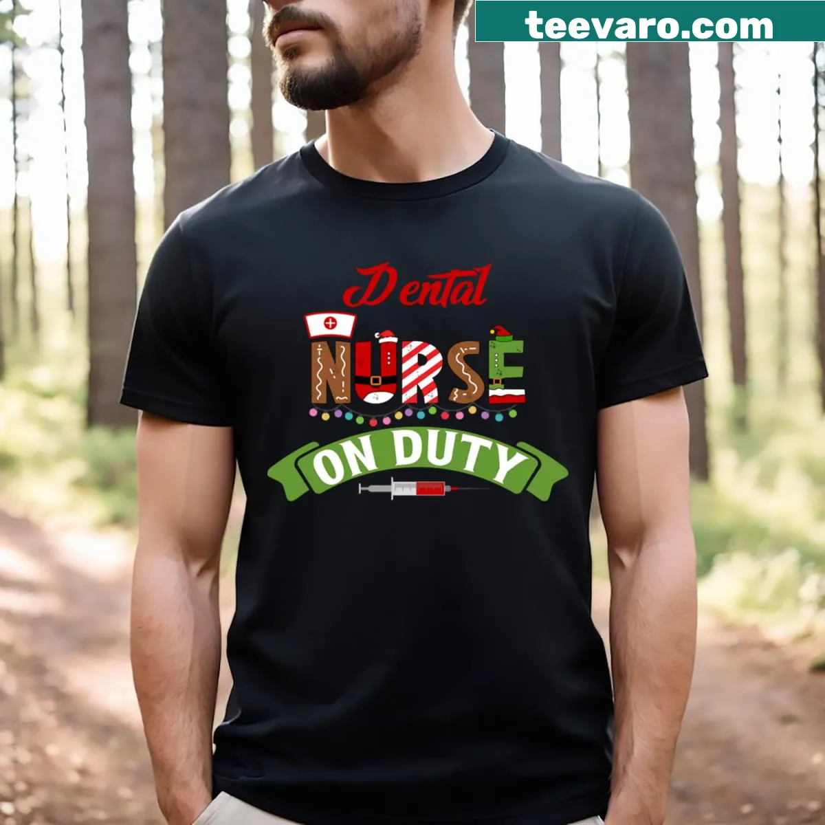 Funny T-shirt for nurses featuring a Christmas pun and humorous dental theme — on a men's t-shirt